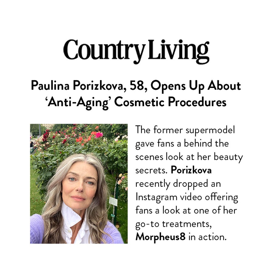 Morpheus8 Burst package, anti-aging treatment featured in Country Living magazine with model discussing benefits.