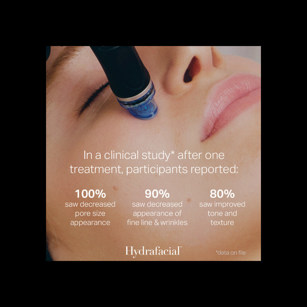 Facial treatment device being used on a person's face with Hydrafacial branding and clinical study results.